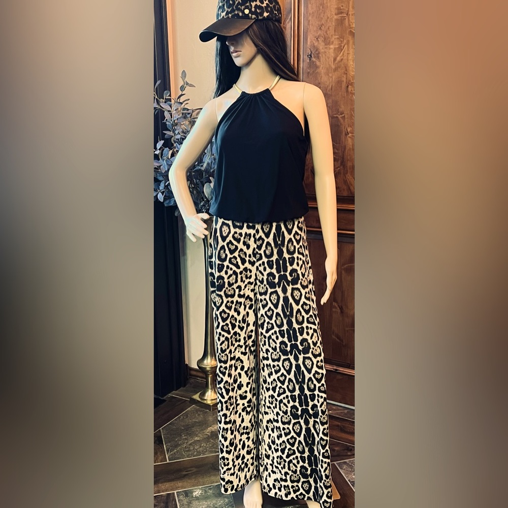 Black and leopard wide leg jumpsuit with gold necklace closure in back